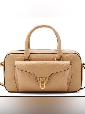 Coccinelle Beige Pebbled Leather Satchel with Gold Accent